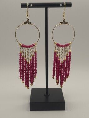 Hand Crafted Gold Hoop Earrings with Fuchsia Beaded Fringe